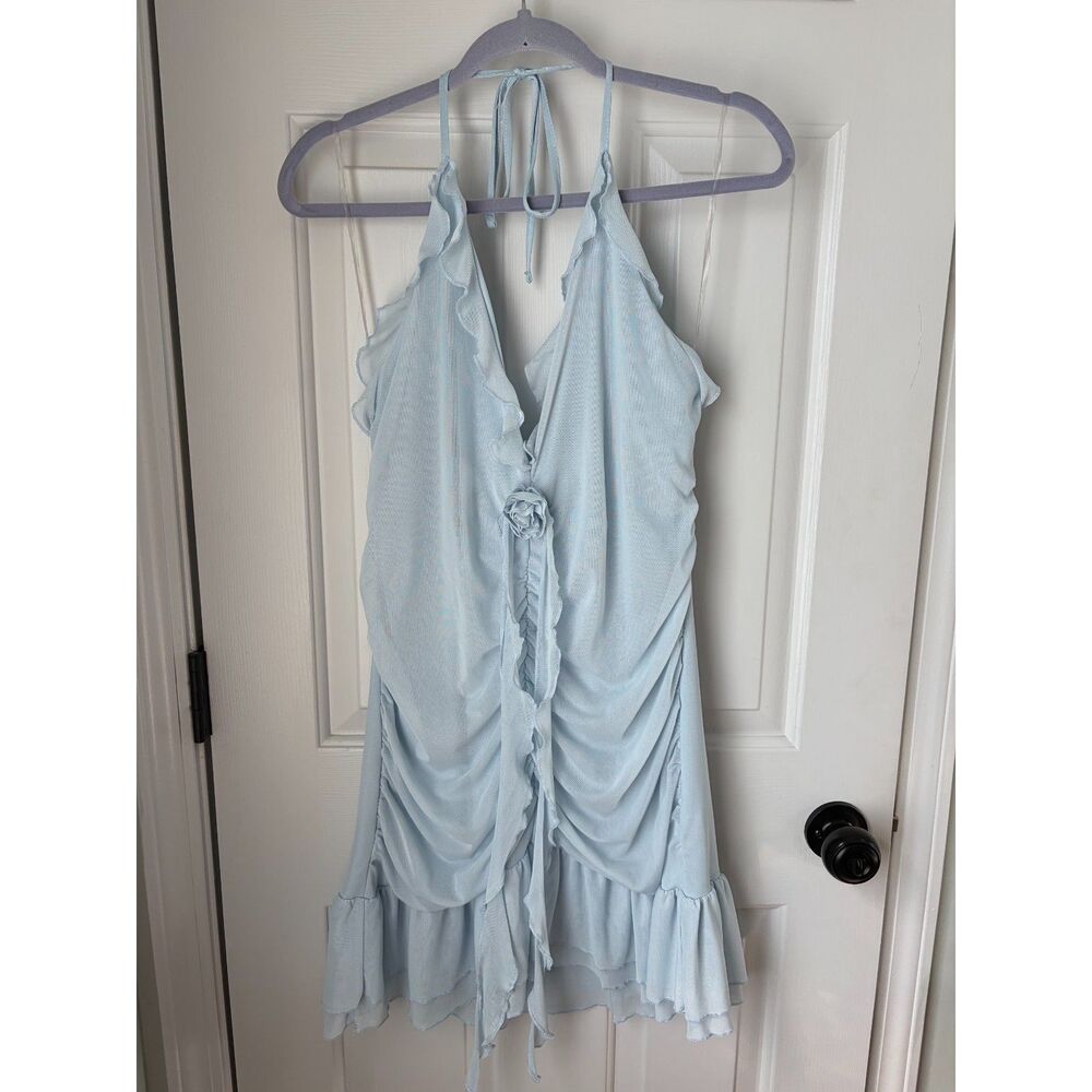 Vintage Y2K Blue Ruched Fairycore Cottagecore Rose Blue Slip Dress Size XL